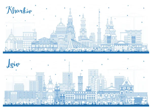 Esquema Lviv Kharkiv Ucrania Ciudad Skyline Set Con Edificios Azules —  Fotos de Stock