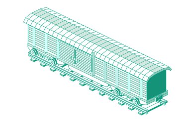 Isometric Taşımacılık Demiryolu Arabası beyaz arka planda izole edildi. Vektör İllüstrasyonu. Yük vagonu vagonu. Kargo treninin bir parçası. Taslak Ulaşım Nesnesi.