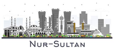 Nur-Sultan Kazakistan Şehri Skyline ve Beyaz Renkli Binalar. Vektör İllüstrasyonu. Nur-Sultan Şehri 'nin simgeleri. Modern Mimariyle İş Seyahati ve Turizm Konsepti.