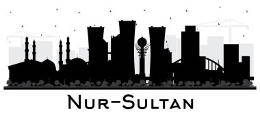 Nur-Sultan Kazakistan Şehri Skyline Silueti ve Beyazlar 'da izole edilmiş Siyah Binalar. Vektör İllüstrasyonu. Nur-Sultan Şehri 'nin simgeleri. Modern Mimariyle İş Seyahati ve Turizm Konsepti.