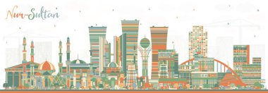 Renkli binaları olan Nur-Sultan Kazakistan Şehri Skyline. Vektör İllüstrasyonu. Nur-Sultan Şehri 'nin simgeleri. Modern Mimariyle İş Seyahati ve Turizm Konsepti.