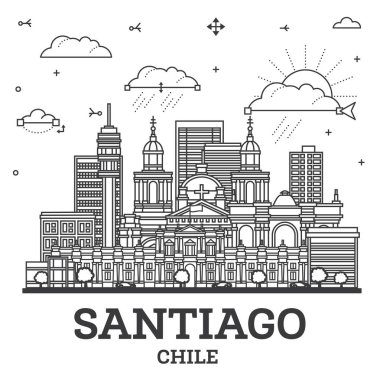 Santiago Şili 'nin ana hatlarıyla modern ve tarihi binalar beyaza izole edildi. Vektör İllüstrasyonu. Tarihi Simgelere sahip Santiago Şehri.