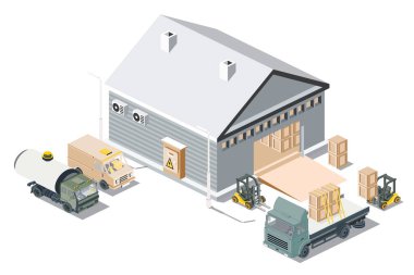 Isometric Dağıtım Lojistik Merkezi. Beyaz Arkaplan 'da kamyonları olan Depo Tesisleri. Vektör İllüstrasyonu. Terminal Yükleniyor.