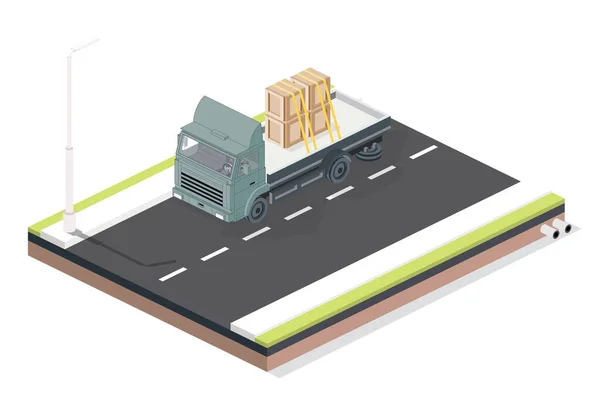 道路上装有箱的等距平整货车 商业运输 用于Infographics的城市对象 病媒说明 货物运输汽车 — 图库矢量图片