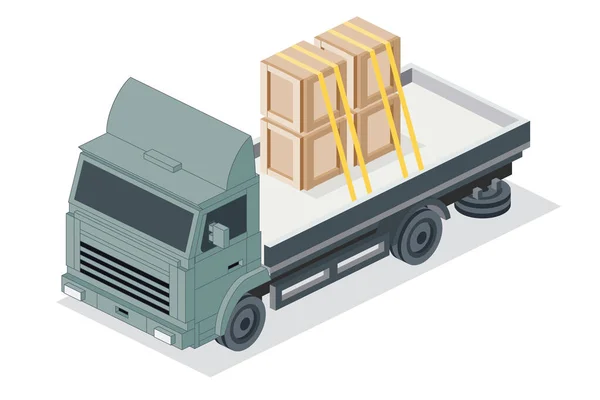 装有箱体的等距平整货车 商业运输 用于Infographics的城市对象 病媒说明 货物运输汽车 — 图库矢量图片