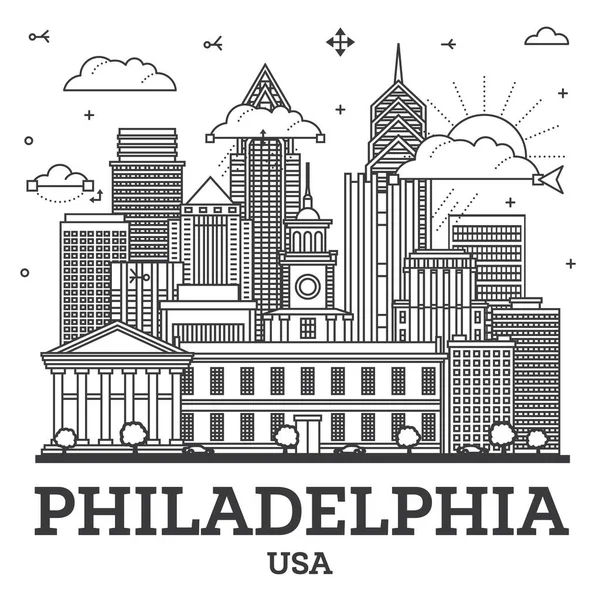 필라델피아 스카이 Philadelphia Pennsylvania City Skyline 화이트에 현대적 역사적 건물들 — 스톡 벡터