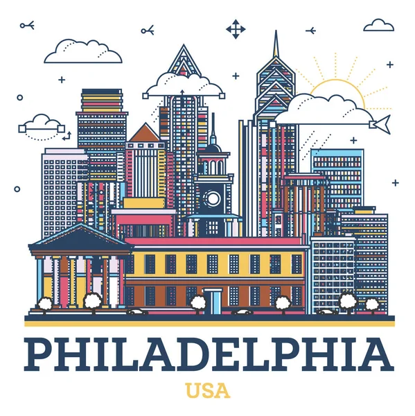 Zarys Filadelfii Pensylwania City Skyline Nowoczesnymi Kolorowymi Budynkami Izolowanymi Białym — Wektor stockowy