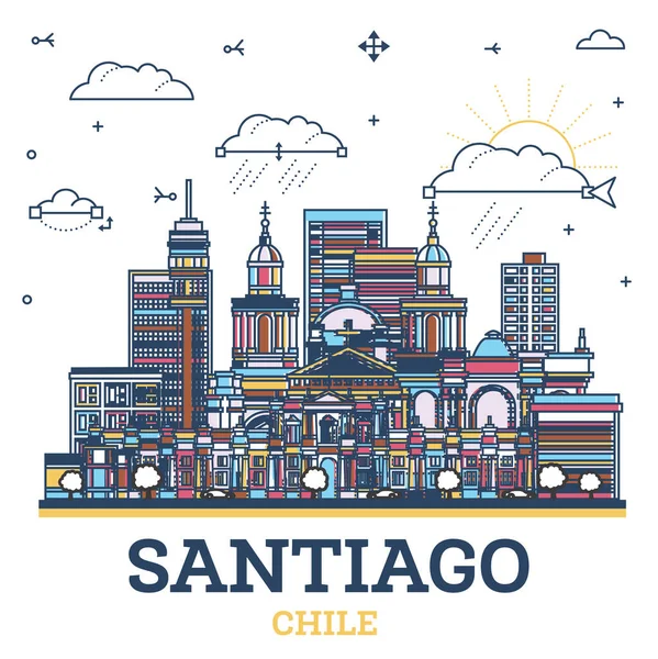Obrys Santiago Chile City Skyline Barevnými Moderními Historickými Budovami Izolované — Stockový vektor