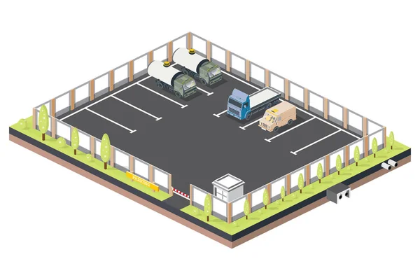 Estacionamiento Isométrico Para Camiones Coches Punto Control Con Barrera Ilustración — Archivo Imágenes Vectoriales