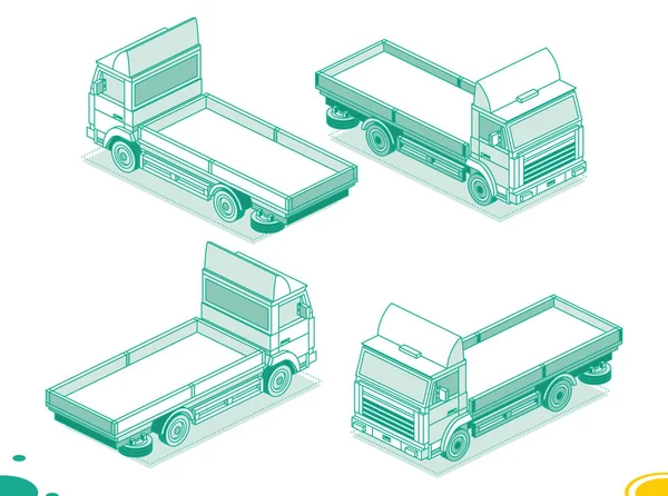 Isometrische Lekke Vrachtauto Achter Vooraanzicht Commercieel Vervoer Logistiek Voorwerpen Schetsen — Stockvector