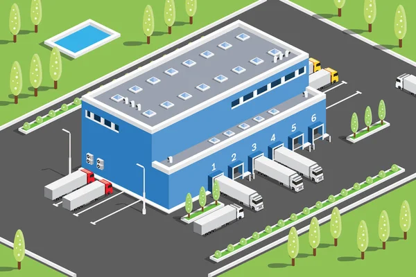 Centro Logístico Distribuição Isométrica Armazém Instalações Armazenamento Com Caminhões Ilustração — Vetor de Stock