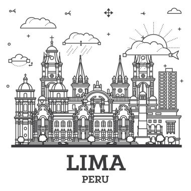 Lima Peru City Skyline ana hatlarıyla Modern ve Tarihi Binalar beyaza izole edildi. Vektör İllüstrasyonu. Simgeli Lima Şehir Manzarası.