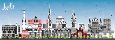 Renkli Binalar ve Mavi Gökyüzü ile Lodz Poland City Skyline. Vektör İllüstrasyonu. Landmark 'lı Lodz Cityscape. Tarihi Mimariyle İş Seyahati ve Turizm Konsepti.