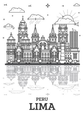 Lima Peru City Skyline 'ın ana hatlarıyla birlikte tarihi yapılar ve beyaza izole edilmiş yansımalar. Vektör İllüstrasyonu. Simgeli Lima Şehir Manzarası.