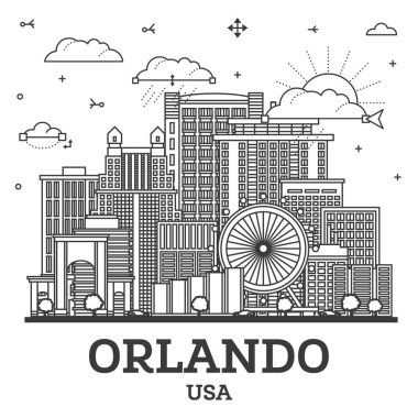 Orlando Florida şehir silueti Modern ve tarihi binalar beyaza izole edilmiş. Vektör İllüstrasyonu. Tarihi Simgelerle Orlando ABD Şehri.