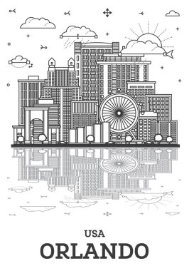 Orlando Florida şehir silueti Modern Binalar ve Yansımalar Beyaz 'a izole edilmiş. Vektör İllüstrasyonu. Tarihi Simgelerle Orlando ABD Şehri.