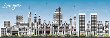 Zaragoza İspanya Şehri Renkli Binalar ve Mavi Gökyüzü ile Skyline. Vektör İllüstrasyonu. Şehir simgeleriyle Zaragoza şehri. Tarihi Mimariyle İş Seyahati ve Turizm Konsepti.