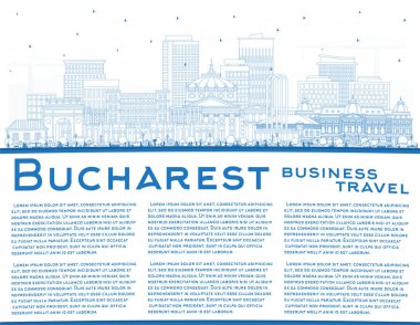 Bükreş 'in ana hatları Blue Buildings ve Copy Space ile birlikte Romanya City Skyline. Vektör İllüstrasyonu. Bükreş Şehri 'nin simgeleriyle. Tarihi Mimariyle İş Seyahati ve Turizm Konsepti.