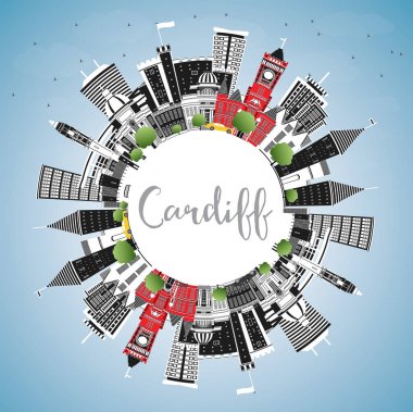 Cardiff Wales City Skyline ile Color Buildings, Blue Sky ve Copy Space. Vektör İllüstrasyonu. Cardiff UK City 'nin simgeleriyle. Tarihi Mimariyle İş Seyahati ve Turizm Konsepti.