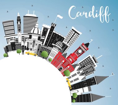 Cardiff Wales City Skyline ile Color Buildings, Blue Sky ve Copy Space. Vektör İllüstrasyonu. Cardiff UK City 'nin simgeleriyle. Tarihi Mimariyle İş Seyahati ve Turizm Konsepti.