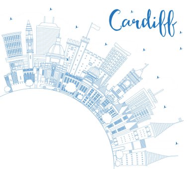 Blue Buildings ve Copy Space ile Cardiff City Skyline taslağı. Vektör İllüstrasyonu. Cardiff UK City 'nin simgeleriyle. Tarihi Mimariyle İş Seyahati ve Turizm Konsepti.