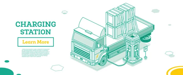 充電ステーションの箱と等価電気フラットベッド貨物トラック 商業輸送 物流だ インフォグラフィックのための都市オブジェクト ベクトルイラスト 商品の運送のための車 フロントビュー — ストックベクタ