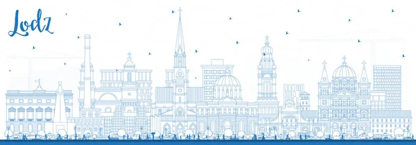 波兰城市蓝楼天际线纲要 病媒说明 带有地标的Lodz Cityscape 具有历史建筑的商务旅行和旅游概念 — 图库矢量图片