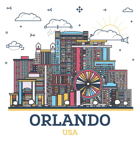 Obrys Orlando Florida City Skyline Barevnými Moderními Historickými Budovami Izolované — Stockový vektor