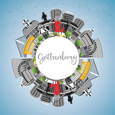Göteborg İsveç Gökyüzü Renkli Binalar, Mavi Gökyüzü ve Kopya Uzayı ile Skyline. Vektör İllüstrasyonu. Şehir simgeleriyle dolu Göteborg Şehri. Tarihi Mimariyle İş Seyahati ve Turizm Konsepti.