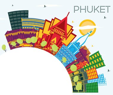 Phuket Tayland şehir manzarası renkli binalar, mavi gökyüzü ve kopya alanı. Vektör çizim. İş seyahat ve Turizm kavramı Modern mimariye sahip. Phuket Cityscape yerler ile.
