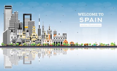 İspanya 'ya hoş geldiniz. Gray Binaları, Blue Sky ve Reflections ile City Skyline. Vektör İllüstrasyonu. Tarihsel Mimarlık. Şehir simgeleriyle İspanya şehri. Madrid mi? Barselona 'da. Valencia. Sevilla. Zaragoza.