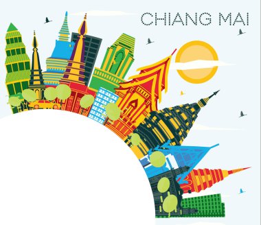 Chiang Mai Tayland şehir manzarası renkli binalar, mavi gökyüzü ve kopya alanı. Vektör çizim. İş seyahat ve Turizm kavramı Modern mimariye sahip. Chiang Mai Cityscape yerler ile.