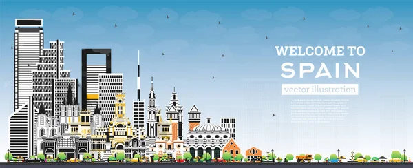 Benvenuto Spagna City Skyline Con Edifici Grigi Cielo Blu Illustrazione — Vettoriale Stock