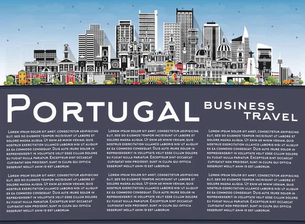 ポルトガルだ 灰色の建物 青空とコピースペースと都市スカイライン ベクトルイラスト 近代建築と歴史建築の概念 ランドマークとポルトガルの都市景観 ポルトとリスボン — ストックベクタ