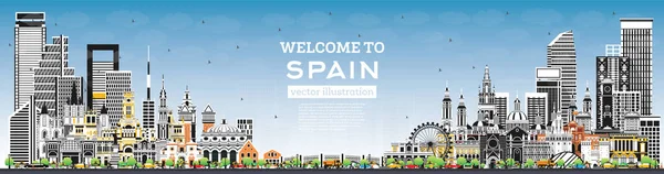 Bem Vindo Espanha City Skyline Com Edifícios Cinzentos Céu Azul —  Vetores de Stock