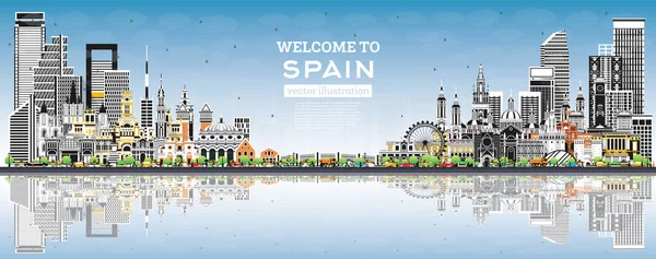 Üdv Spanyolországban City Skyline Szürke Épületekkel Kék Égbolttal Reflexiókkal Vektor — Stock Vector