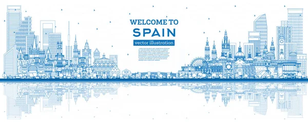 Üdv Spanyolországban Vázolja City Skyline Kék Épületek Gondolatok Vektor Illusztráció — Stock Vector