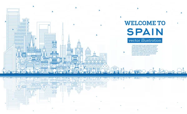 Benvenuto Spagna Outline Città Skyline Con Blue Buildings Riflessioni Illustrazione — Vettoriale Stock