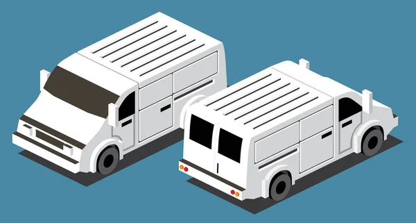 Veículo Comercial Isométrico White Van Blue Background Vista Frontal Traseira — Vetor de Stock