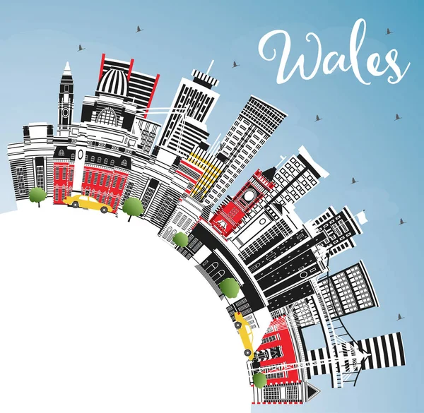 Wales City Skyline Gray Buildings Blue Sky Copy Space Vector — Stock Vector