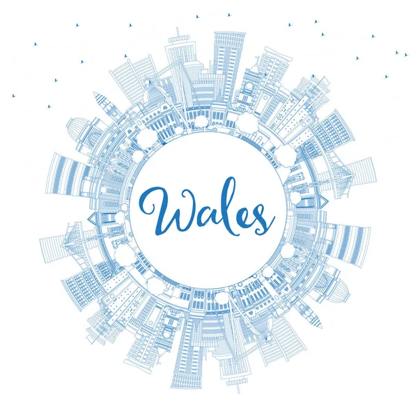 Outline Wales City Skyline Blue Buildings Copy Space Vector Illustration — Stock Vector