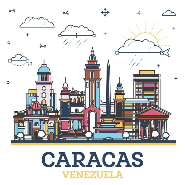 Esquema Caracas Venezuela Ciudad Skyline Con Edificios Históricos Colores Aislados — Vector de stock