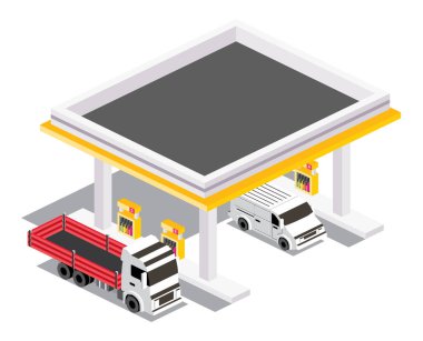 Kamyoneti ve kamyoneti olan bir benzin istasyonu. Isometric izole edilmiş petrol dolum istasyonu. Infographic Element. Vektör İllüstrasyonu. Çatıdaki Sığınağın Altındaki Gaz Doldurma Sütunları.