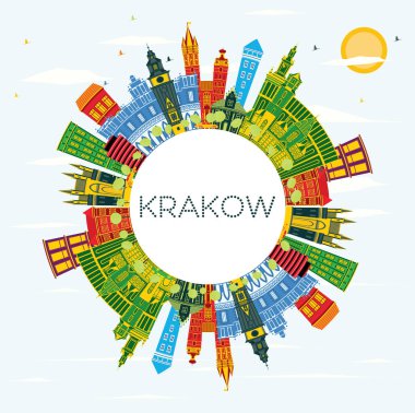 Krakow Polonya şehir manzarası renkli binalar, mavi gökyüzü ve kopya alanı. Vektör çizim. İş seyahat ve Turizm kavramı tarihi mimarisi ile. Krakow Cityscape yerler ile.