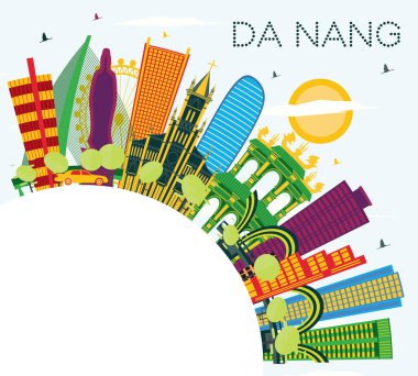 Da Nang Vietnam şehir manzarası renkli binalar, mavi gökyüzü ve kopya alanı. Vektör çizim. İş seyahat ve Turizm kavramı Modern mimariye sahip. Da Nang Cityscape yerler ile.