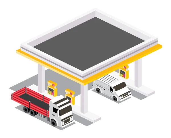 加油站的卡车和面包车 等距隔离充油站 信息元素 病媒说明 天台下的气体加气柱 — 图库矢量图片