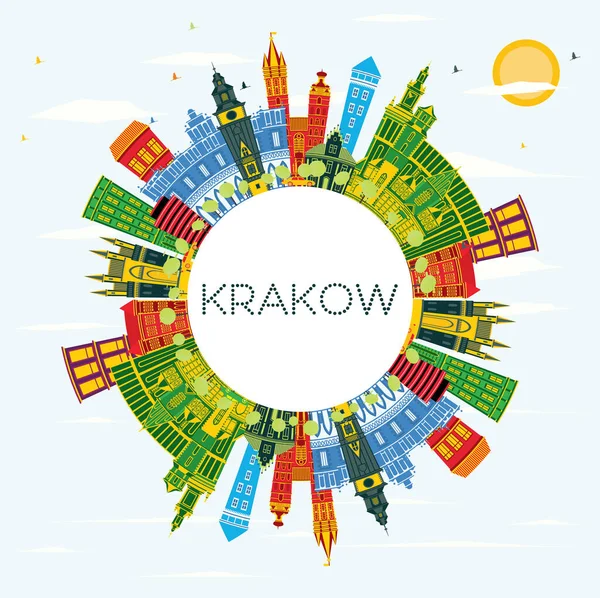 Krakau Polnische Stadtsilhouette Mit Farbigen Gebäuden Blauem Himmel Und Kopierraum — Stockvektor