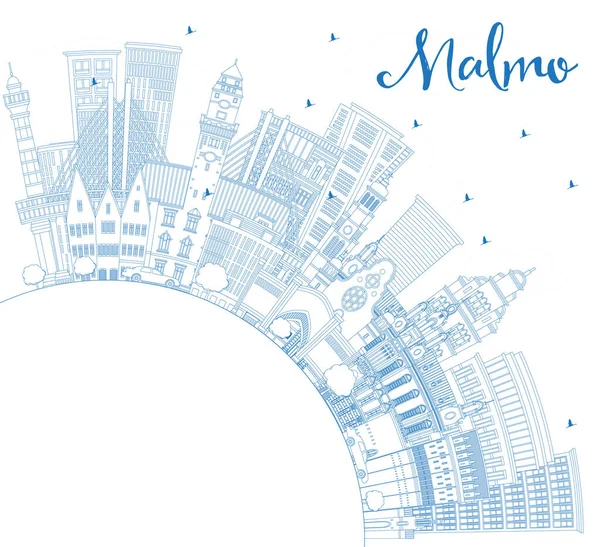 Outline Malmo Sweden City Skyline Blue Buildings Copy Space Vector — Stock Vector