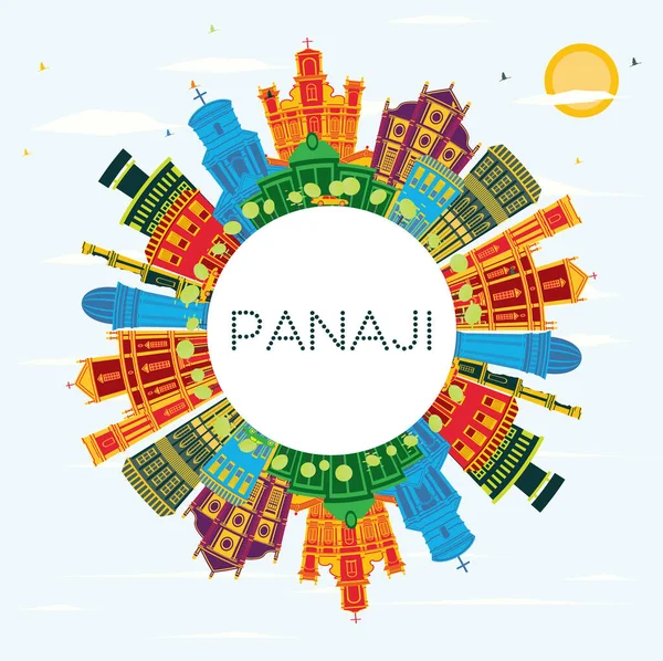 色の建物 青い空コピー スペースとパンジ インド街のスカイライン ベクトルの図 ビジネス旅行や歴史的建造物を観光概念です ランドマークとパンジにある都市の景観 — ストックベクタ