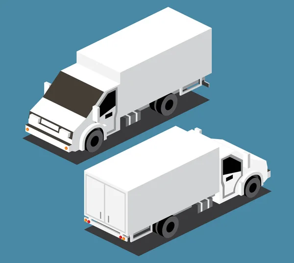 等距货车 商业运输 用于信息图形的3D城市对象 病媒说明 货物运输和交付汽车 后视镜和前视镜 罗瑞模特儿板 — 图库矢量图片